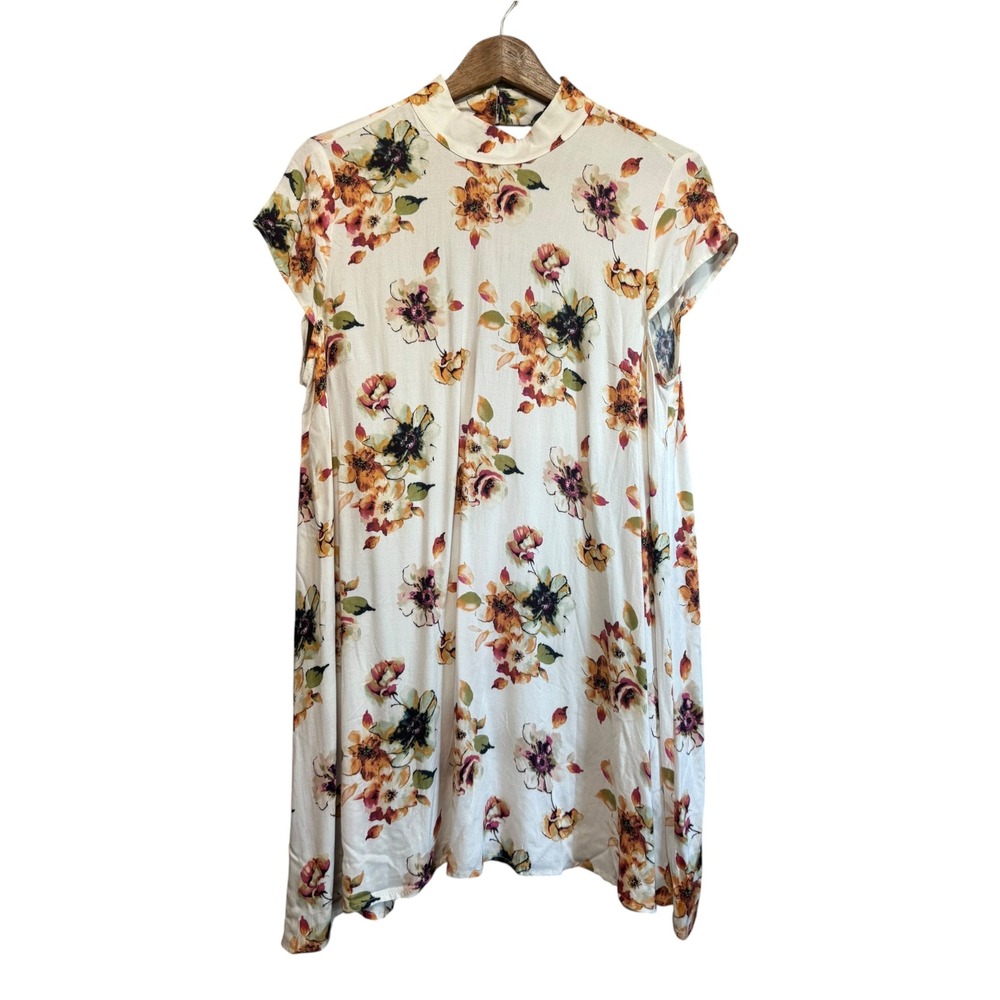By Together Floral Mini Dress Womens Small White Open Back Mock Neck Excellent